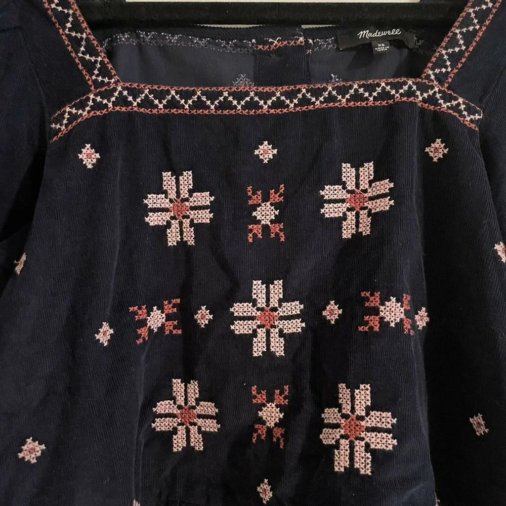 Madewell Embroidered Navy Blue Corduroy Button-Back Peplum Blouse - Size XS